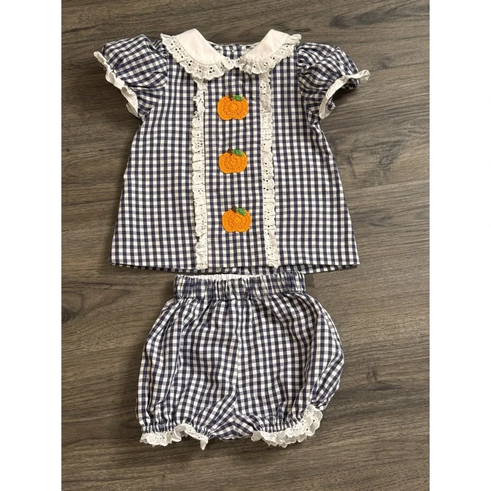 Baby Girl Pumpkin Bloomer Set 12M Navy Gingham Smocked Cottagecore Fall